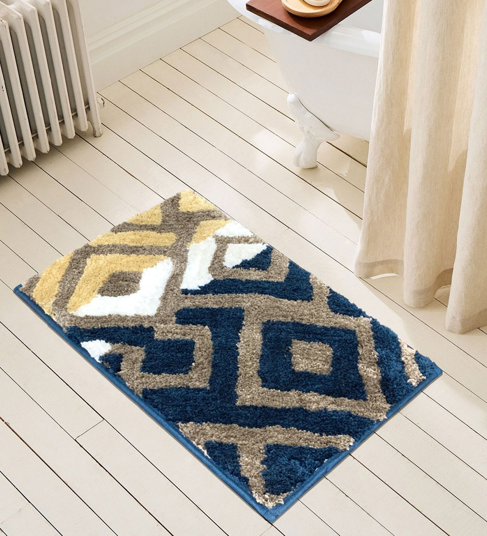 Blue Abstract Cotton 3 ft x 5 ft Machine Made Carpet