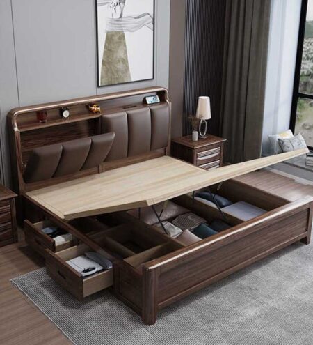 Taro King Size Bed in Walnut Finish with Hydraulic Storage